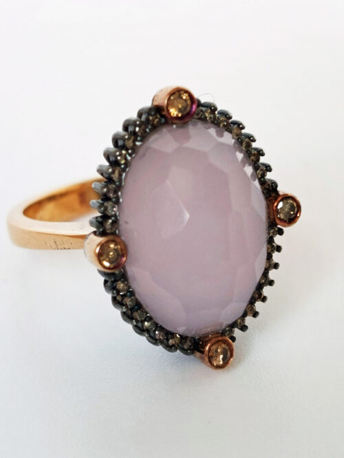 Rose Quartz & Cognac Diamond Gold Ring