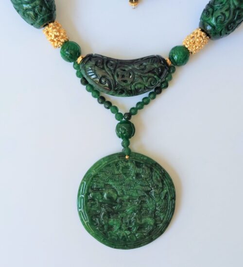 carved green jade gold necklace